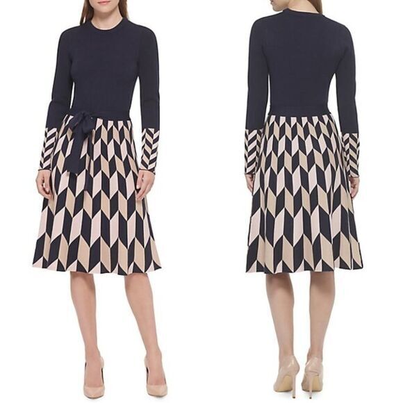 New! Eliza J‎ Tied Geometric-Skirt Fit-&-Flare Dress, size M - Picture 1 of 16